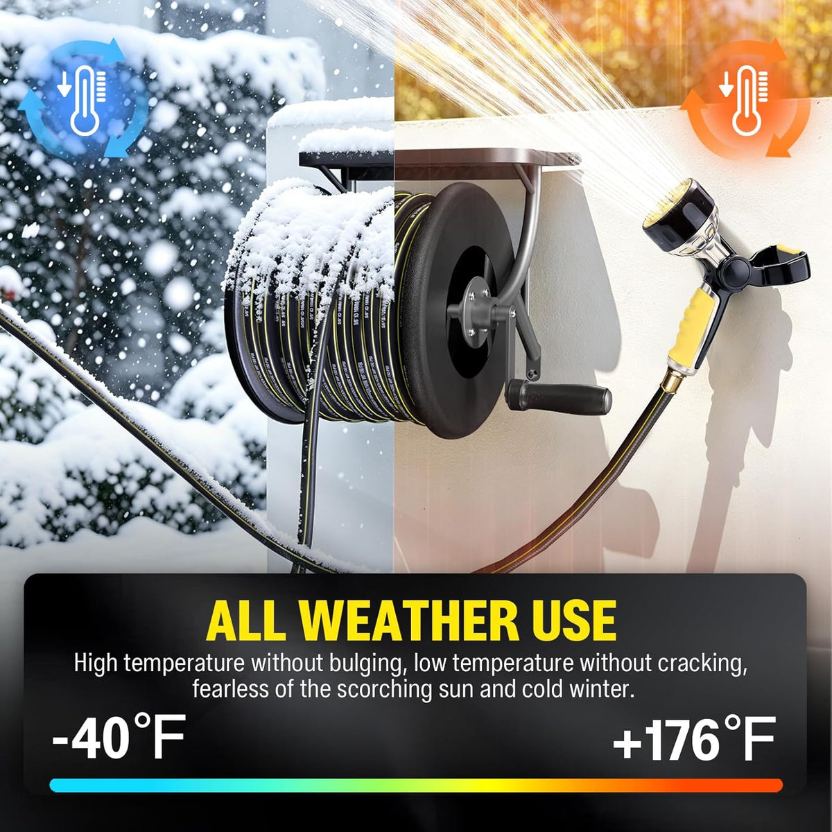 Heavy Duty Metal Garden Hose Reel Wall Mounted, Come with 130ft Rubber Garden Hose & 5ft Lead-in Hose, Brass Fittings, Easy Crank Handle, Weather Resistant