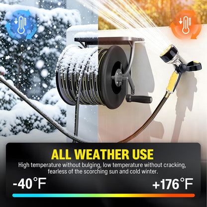 Heavy Duty Metal Garden Hose Reel Wall Mounted, Come with 130ft Rubber Garden Hose & 5ft Lead-in Hose, Brass Fittings, Easy Crank Handle, Weather Resistant