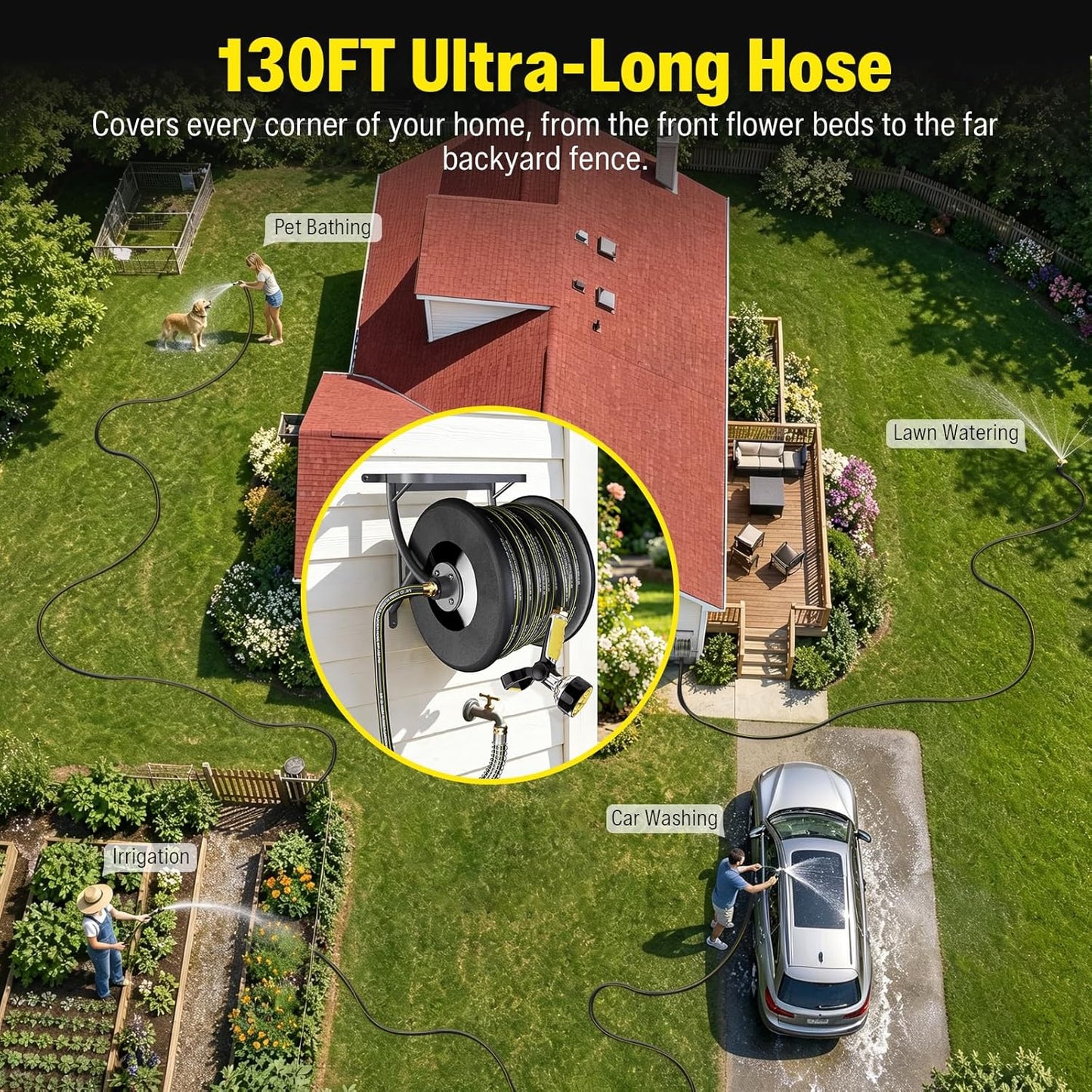 Heavy Duty Metal Garden Hose Reel Wall Mounted, Come with 130ft Rubber Garden Hose & 5ft Lead-in Hose, Brass Fittings, Easy Crank Handle, Weather Resistant