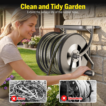 Heavy Duty Metal Garden Hose Reel Wall Mounted, Come with 130ft Rubber Garden Hose & 5ft Lead-in Hose, Brass Fittings, Easy Crank Handle, Weather Resistant