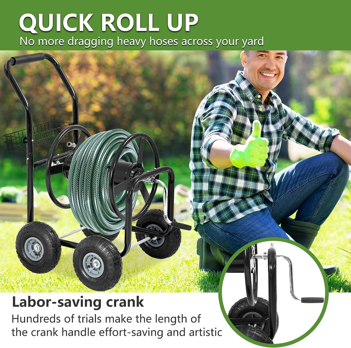Garden Hose Reel Cart | Holds Upto 300ft of 5/8" Hose | Green