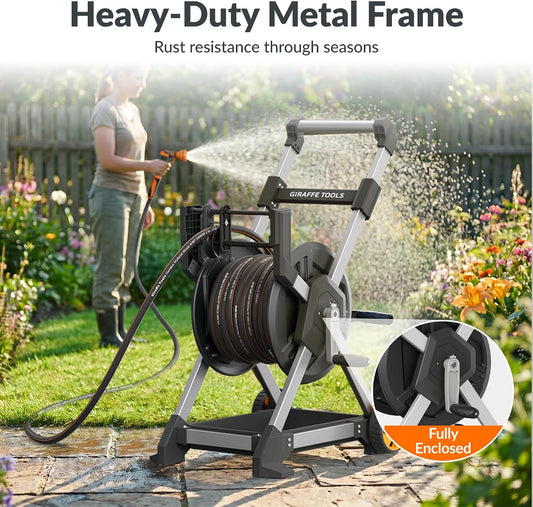 Garden Hose Reel Cart, 125FT 5/8" Hose Capacity, Heavy Duty Water Hose Reel with Wheels, 5ft Leader Hose, Retractable Hose Guide with Crank, for Yard Lawn Garage