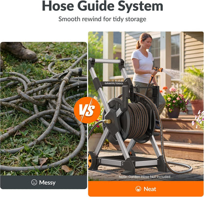 Garden Hose Reel Cart, 125FT 5/8" Hose Capacity, Heavy Duty Water Hose Reel with Wheels, 5ft Leader Hose, Retractable Hose Guide with Crank, for Yard Lawn Garage