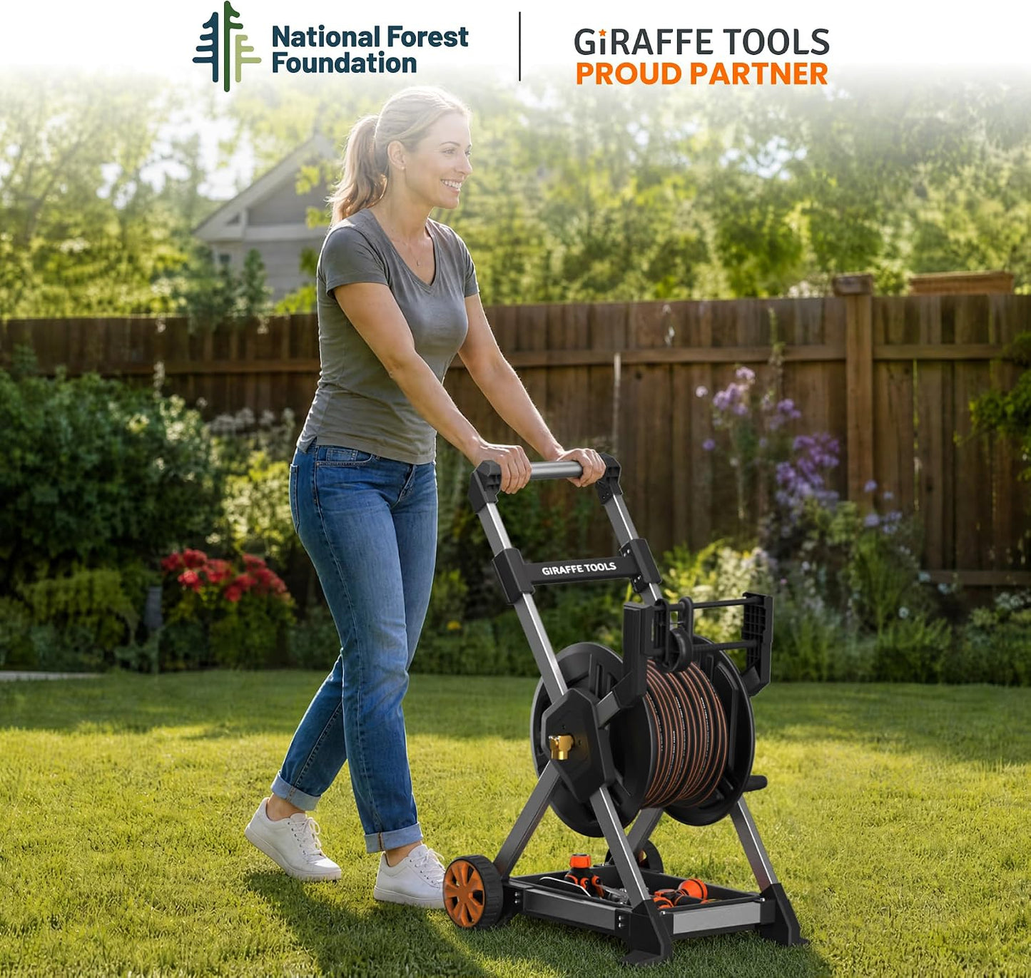 Garden Hose Reel Cart, 125FT 5/8" Hose Capacity, Heavy Duty Water Hose Reel with Wheels, 5ft Leader Hose, Retractable Hose Guide with Crank, for Yard Lawn Garage