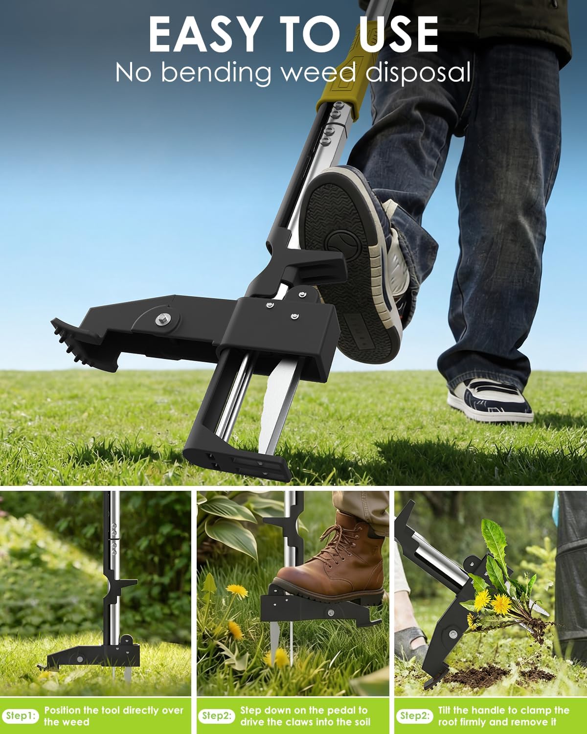 Heavy Duty Stand Up Weed Puller Tool, Weed Removal Tool with 41.3" Long Handle & 4 Claw Steel Head, Garden Hand Weeding Tool-Easily Remove Weeds Without Bending, Pulling, or Kneeling