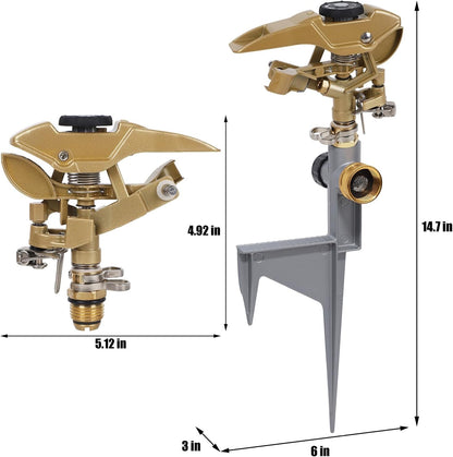 2 Pack Impact Sprinklers on Metal Step Spike, Heavy Duty Zinc Alloy Lawn Sprinkler Head on Spike Base, Adjustable 360 Degree Watering Sprinkler for Large Area Grass Garden Irrigation