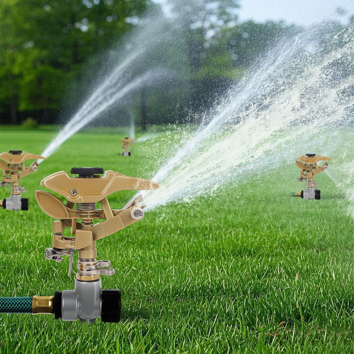 2 Pack Impact Sprinklers on Metal Step Spike, Heavy Duty Zinc Alloy Lawn Sprinkler Head on Spike Base, Adjustable 360 Degree Watering Sprinkler for Large Area Grass Garden Irrigation