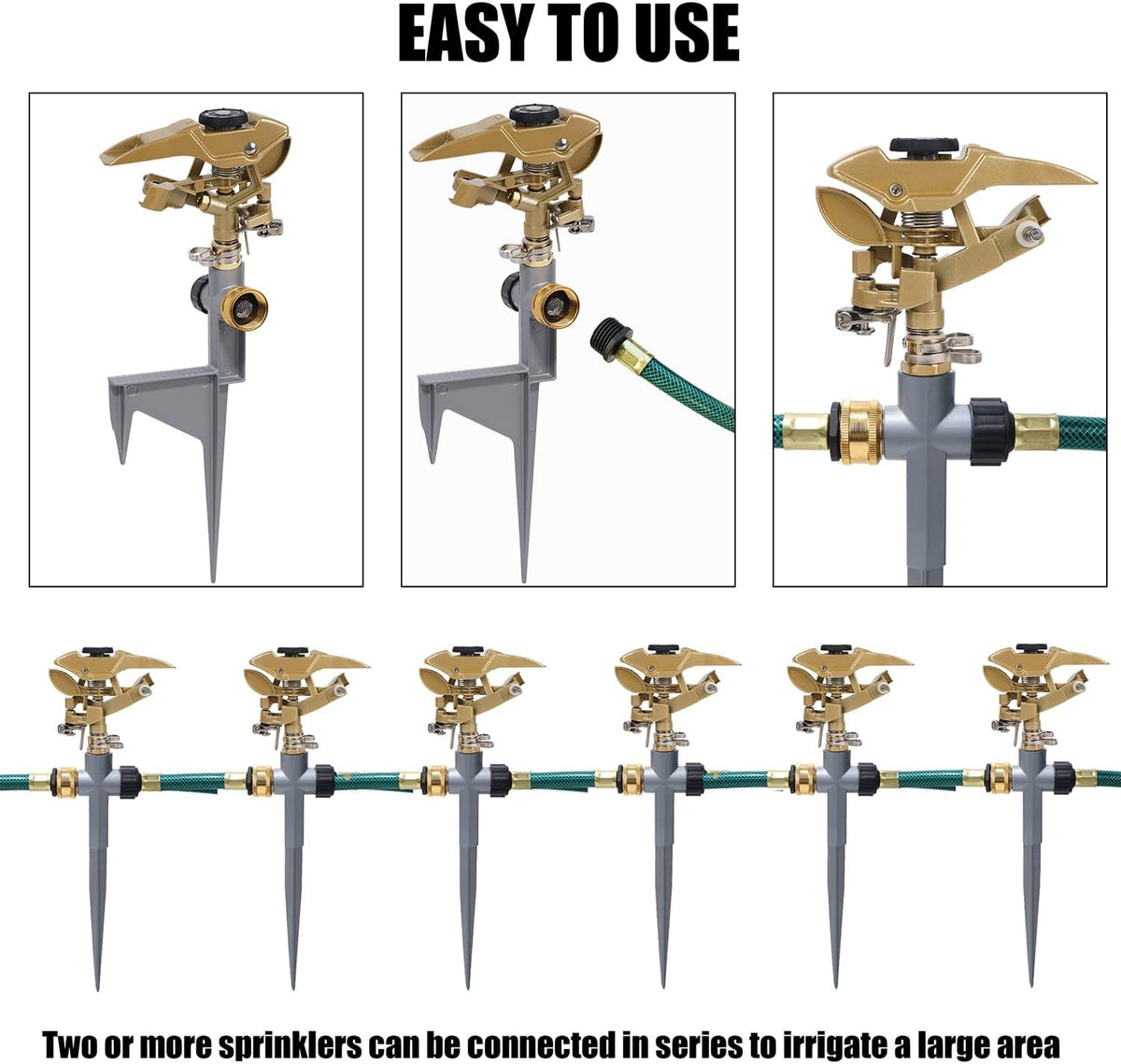 2 Pack Impact Sprinklers on Metal Step Spike, Heavy Duty Zinc Alloy Lawn Sprinkler Head on Spike Base, Adjustable 360 Degree Watering Sprinkler for Large Area Grass Garden Irrigation