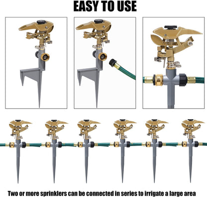 2 Pack Impact Sprinklers on Metal Step Spike, Heavy Duty Zinc Alloy Lawn Sprinkler Head on Spike Base, Adjustable 360 Degree Watering Sprinkler for Large Area Grass Garden Irrigation