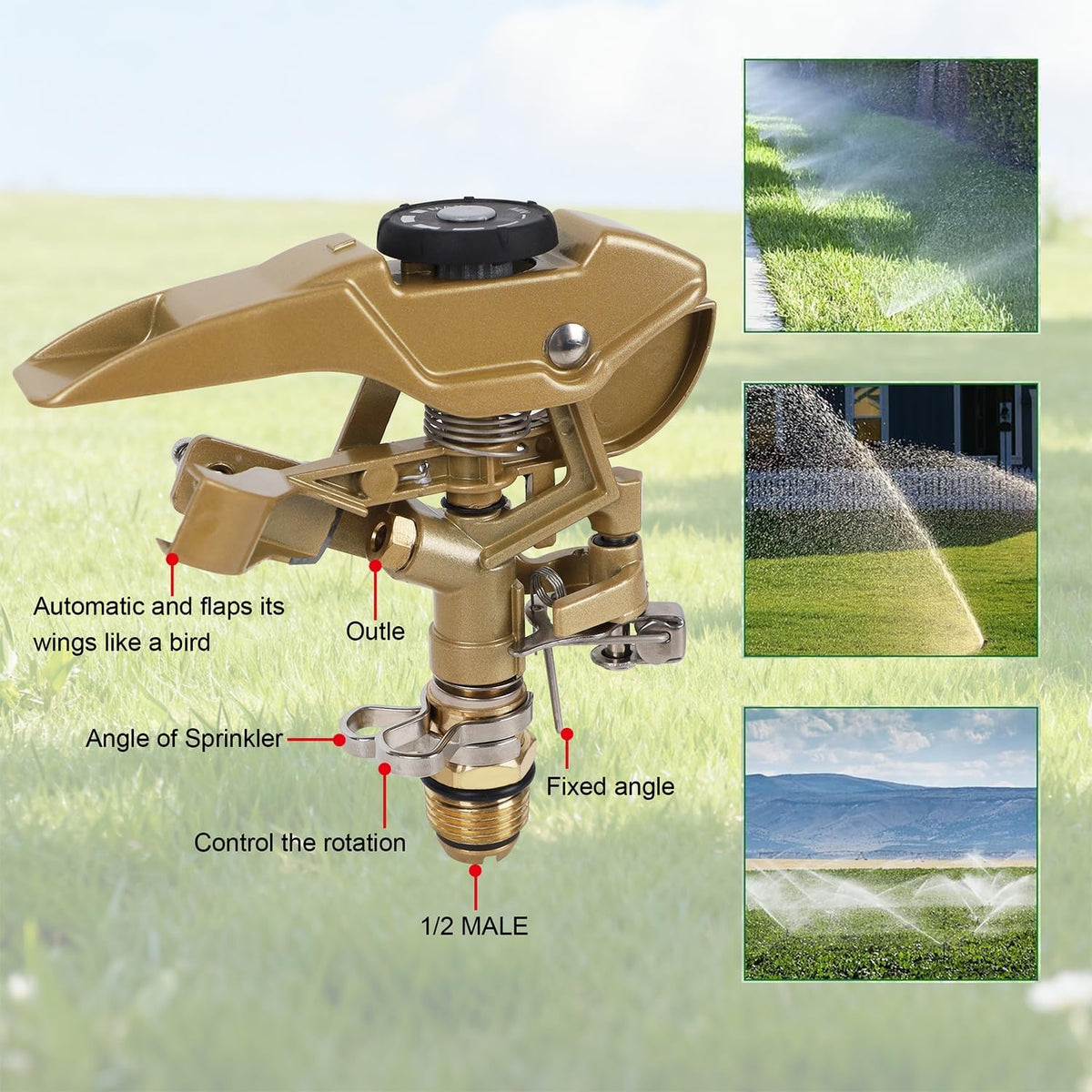 2 Pack Impact Sprinklers on Metal Step Spike, Heavy Duty Zinc Alloy Lawn Sprinkler Head on Spike Base, Adjustable 360 Degree Watering Sprinkler for Large Area Grass Garden Irrigation