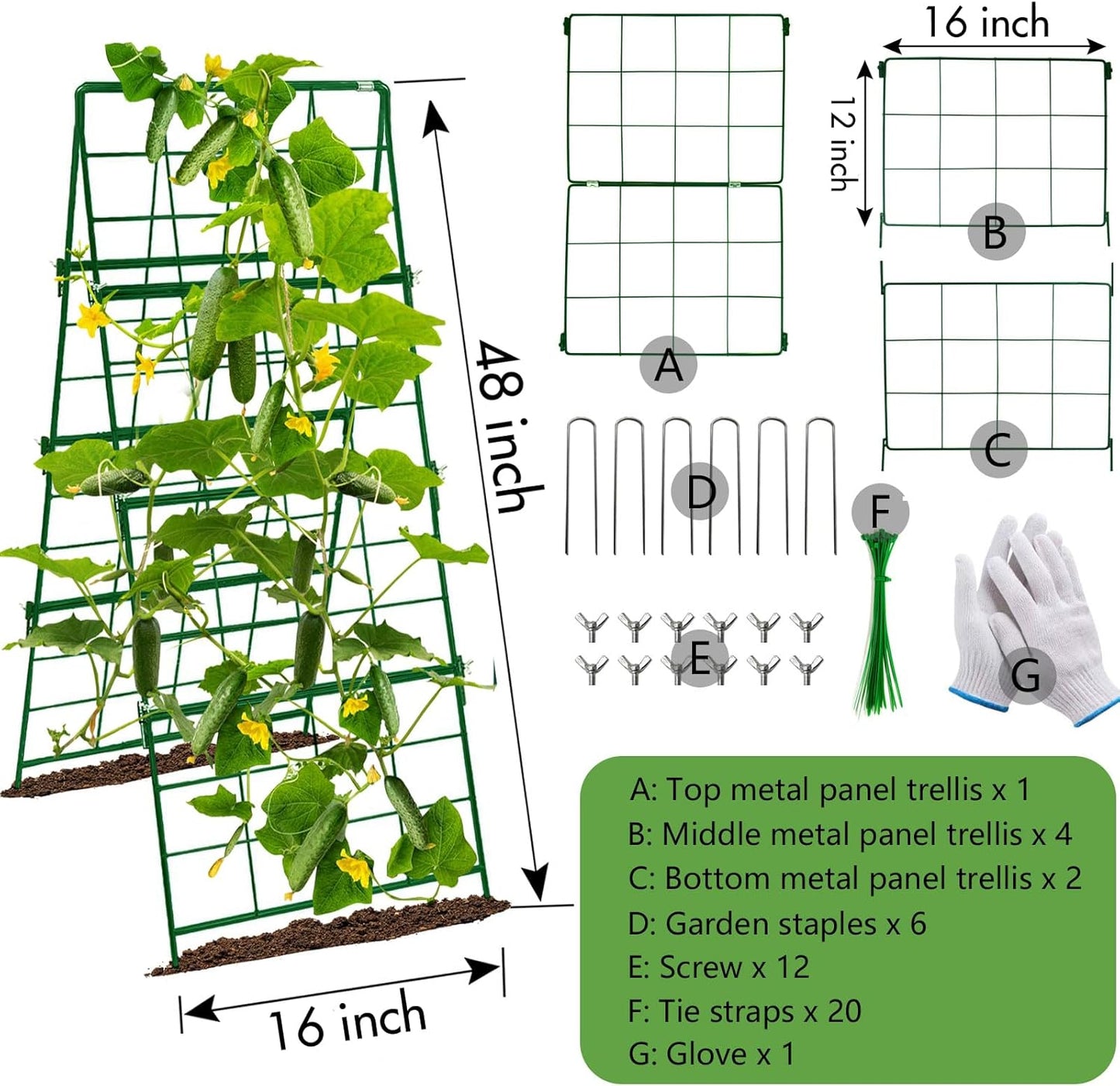 Heavy Duty Cucumber Trellis Thickened for Raised Garden Bed,48"x16" Foldable Frame Metal Vegetable Trellis for Climbing Plants Outdoor Plant Support for Grape Tomato Peas, Fruit, Vine,Bean(1 Pack)