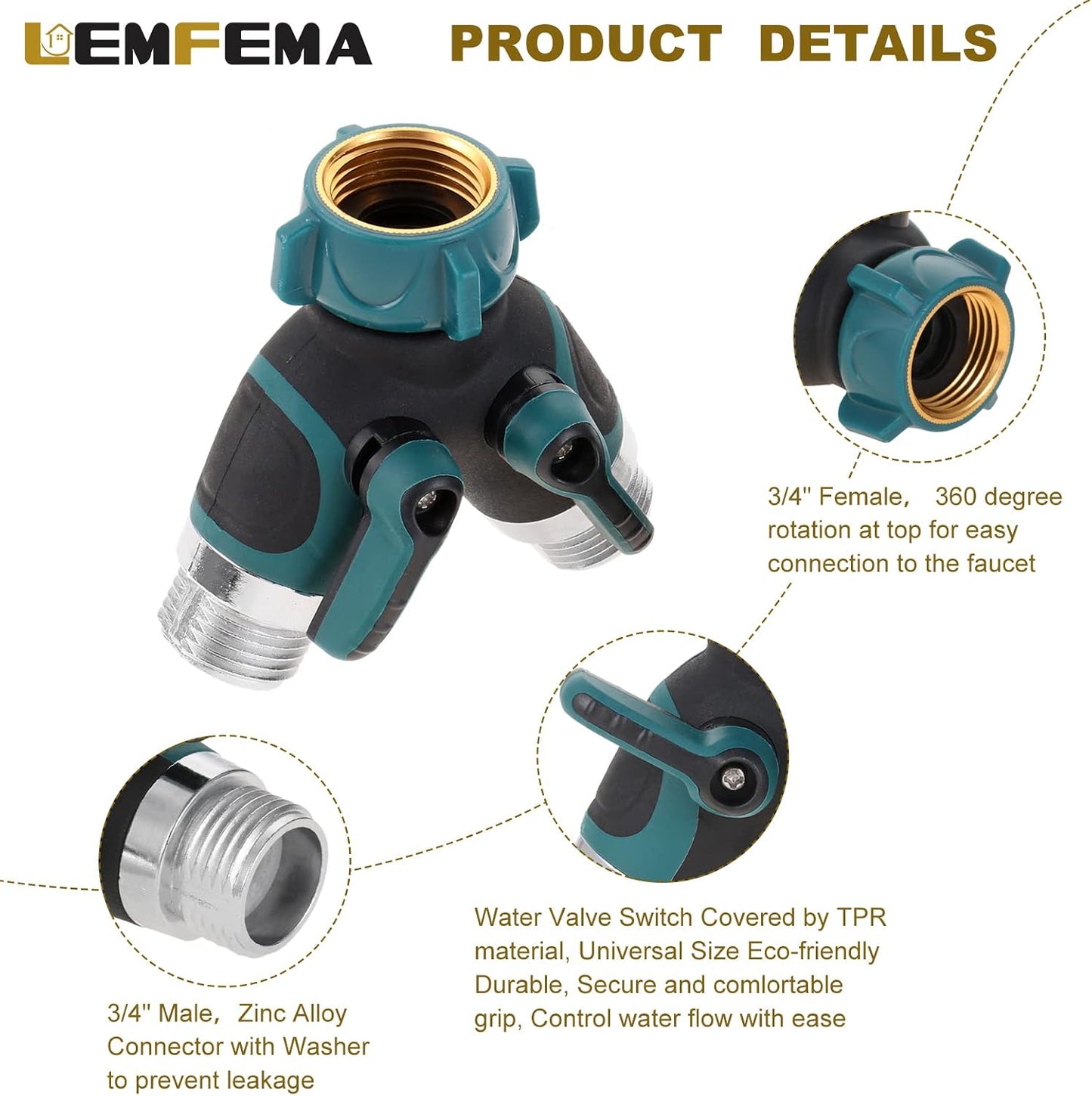 Garden Hose Splitter, 2 Way Hose Connector with 3/4" Connector