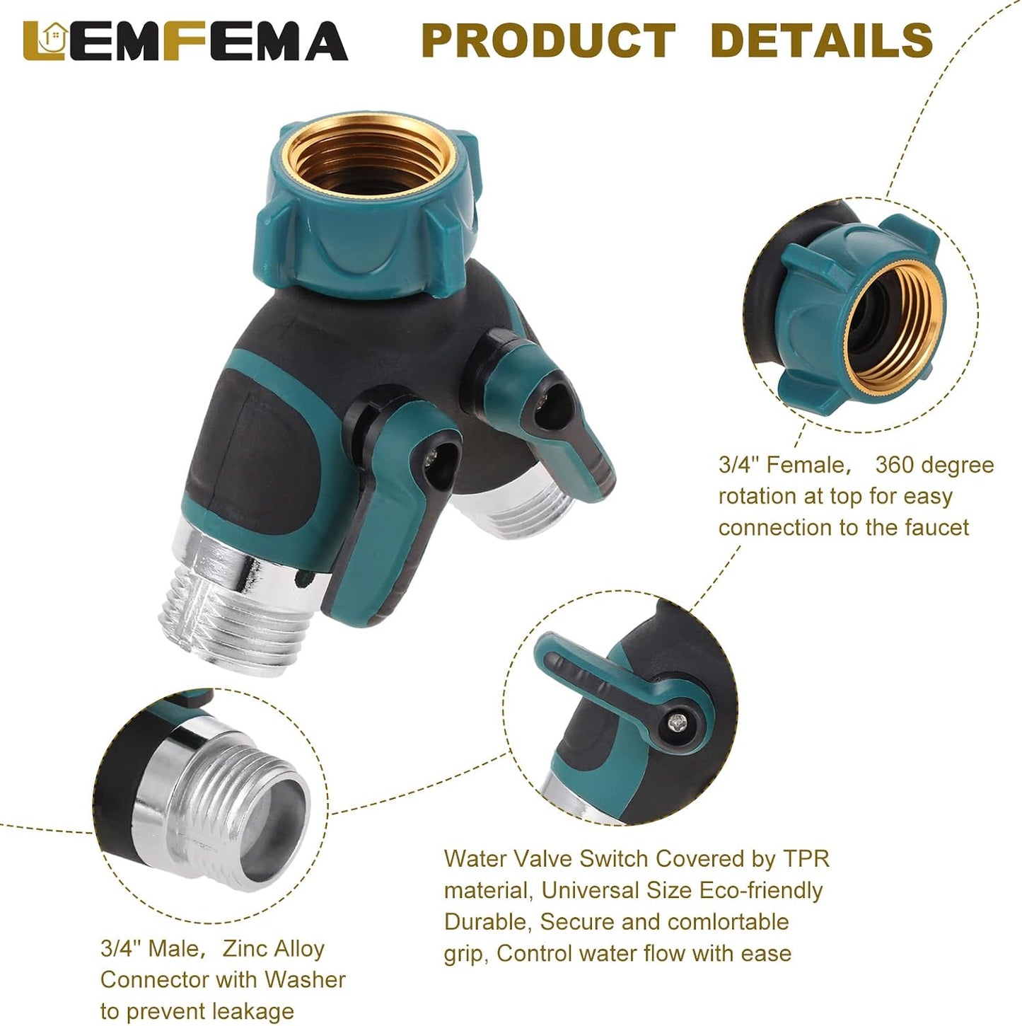 Garden Hose Splitter, 2 Way Hose Connector with 3/4" Connector