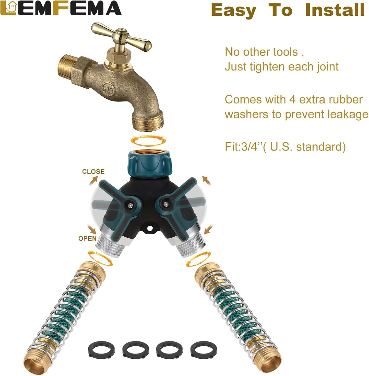 Garden Hose Splitter, 2 Way Hose Connector with 3/4" Connector
