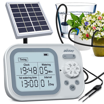 Solar Drip Irrigation System, 490 Timer Modes, 50FT Automatic Plant Watering Kit for 15 Potted Plants, IP67 Waterproof Auto Solar Irrigation Indoor and Outdoor Use for Garden,Balcony, Patio