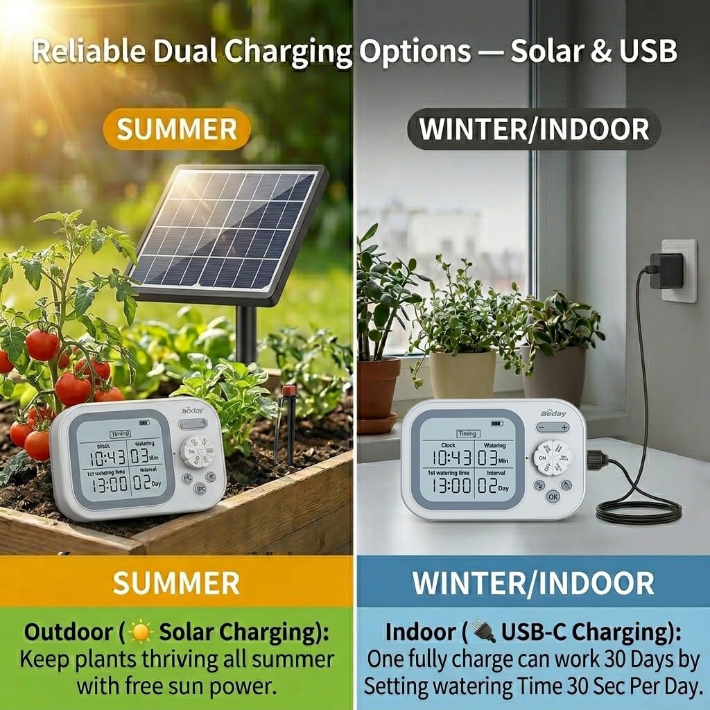 Solar Drip Irrigation System, 490 Timer Modes, 50FT Automatic Plant Watering Kit for 15 Potted Plants, IP67 Waterproof Auto Solar Irrigation Indoor and Outdoor Use for Garden,Balcony, Patio