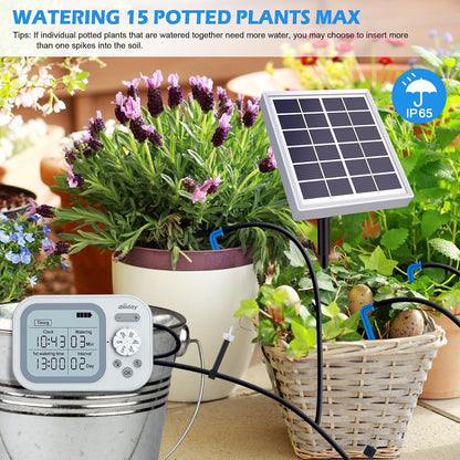 Solar Drip Irrigation System, 490 Timer Modes, 50FT Automatic Plant Watering Kit for 15 Potted Plants, IP67 Waterproof Auto Solar Irrigation Indoor and Outdoor Use for Garden,Balcony, Patio