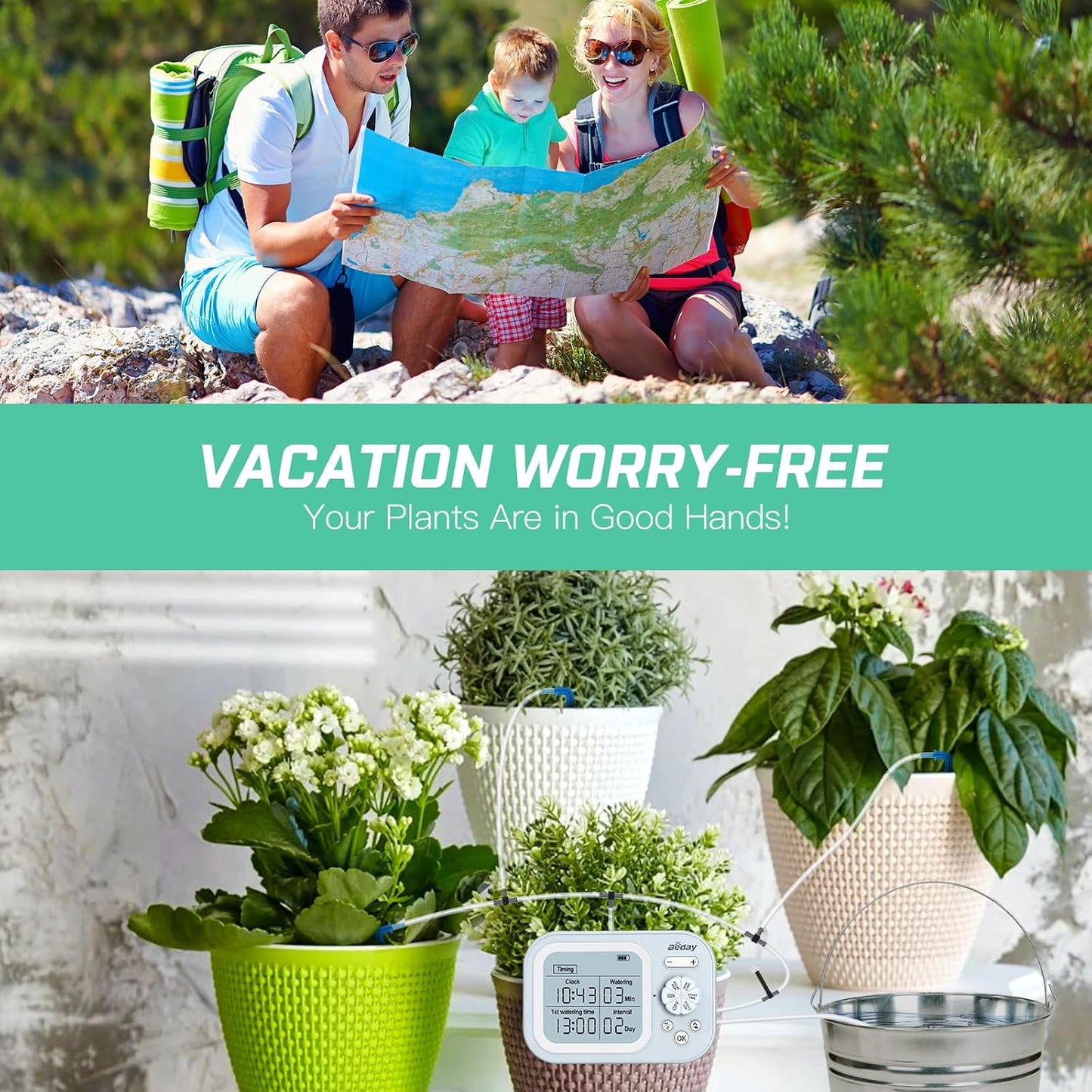 Solar Drip Irrigation System, 490 Timer Modes, 50FT Automatic Plant Watering Kit for 15 Potted Plants, IP67 Waterproof Auto Solar Irrigation Indoor and Outdoor Use for Garden,Balcony, Patio