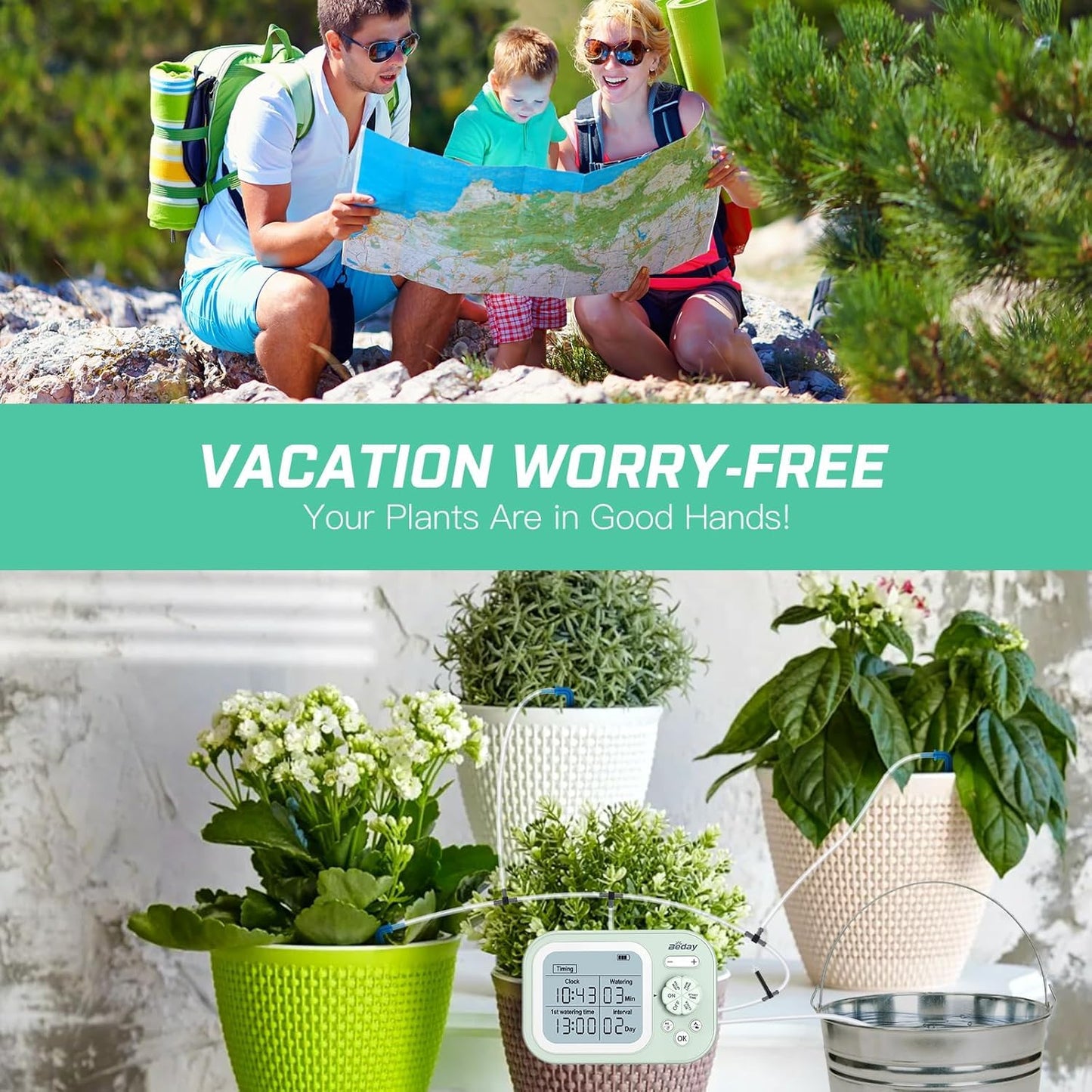 Solar Drip Irrigation System, 490 Timer Modes, 50FT Automatic Plant Watering Kit for 15 Potted Plants, IP67 Waterproof Auto Solar Irrigation Indoor and Outdoor Use for Garden,Balcony, Patio