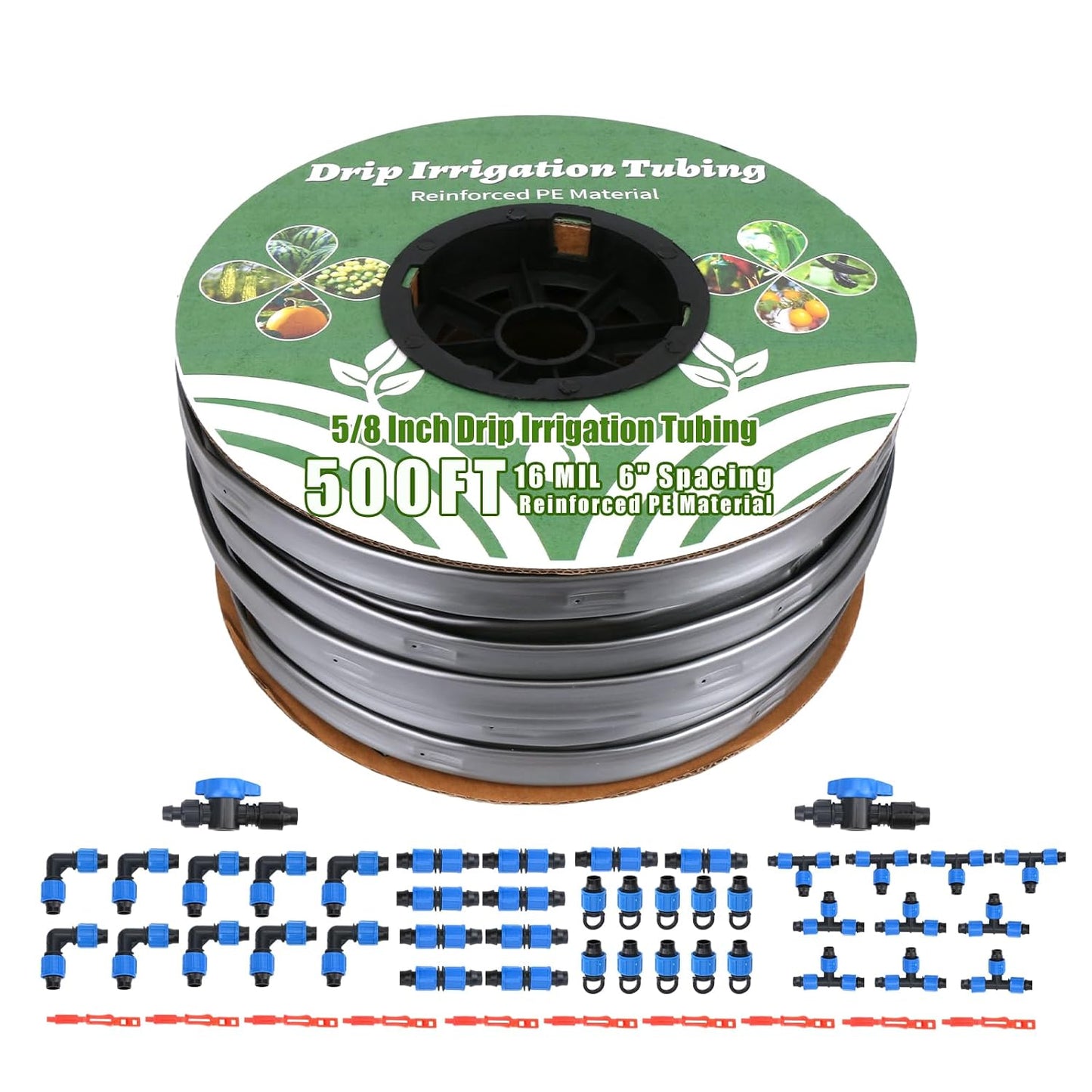 500FT 5/8" Drip Tape Irrigation Kit, 16 Mil Heavy Duty with 6" Emitter Spacing, Silver Reflective Drip Tape Helps Prevent Pecking & Biting Damage, Heat-Safe for Seedlings, Reinforced PE Material