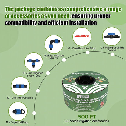 500FT 5/8" Drip Tape Irrigation Kit, 16 Mil Heavy Duty with 6" Emitter Spacing, Silver Reflective Drip Tape Helps Prevent Pecking & Biting Damage, Heat-Safe for Seedlings, Reinforced PE Material