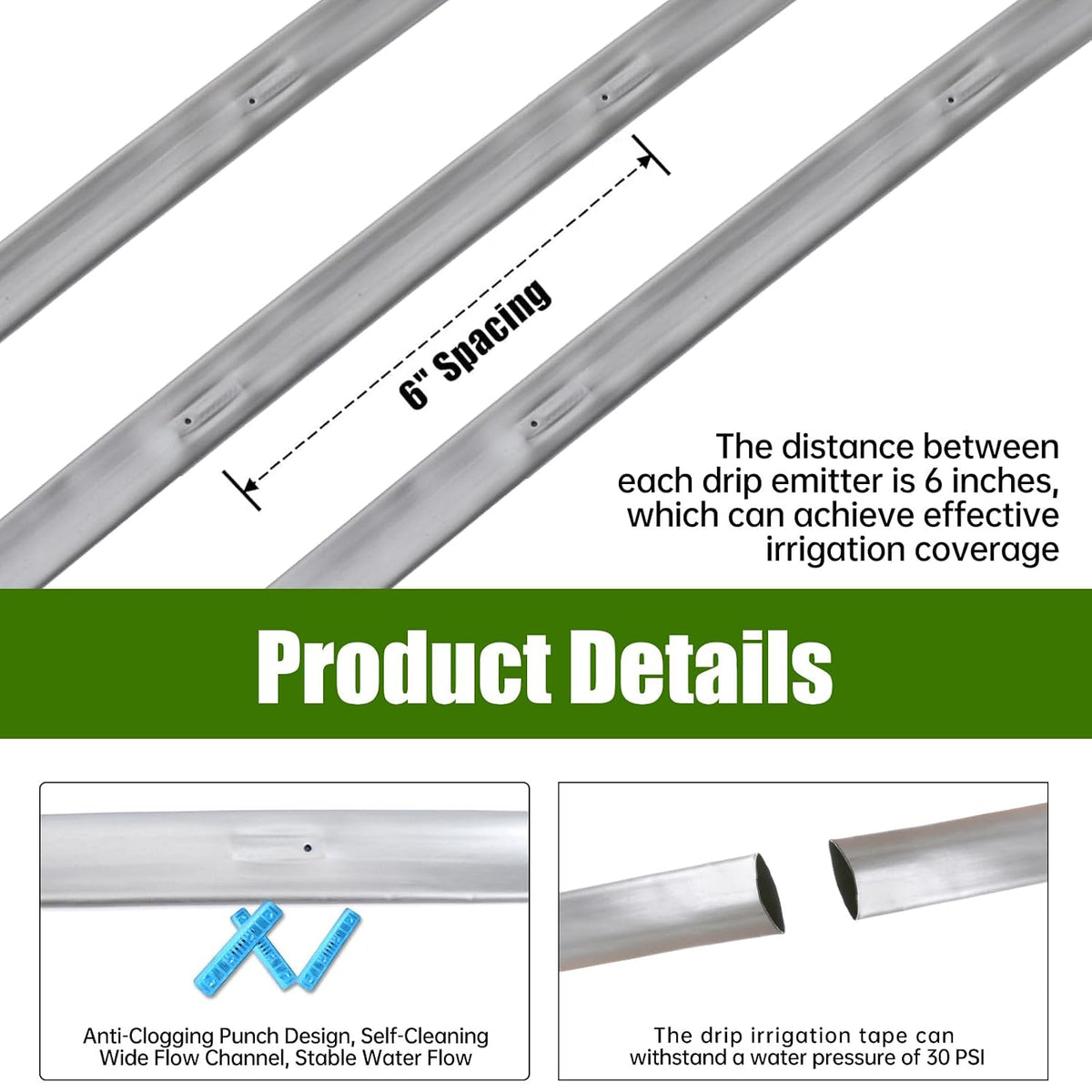 500FT 5/8" Drip Tape Irrigation Kit, 16 Mil Heavy Duty with 6" Emitter Spacing, Silver Reflective Drip Tape Helps Prevent Pecking & Biting Damage, Heat-Safe for Seedlings, Reinforced PE Material