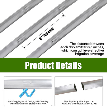 500FT 5/8" Drip Tape Irrigation Kit, 16 Mil Heavy Duty with 6" Emitter Spacing, Silver Reflective Drip Tape Helps Prevent Pecking & Biting Damage, Heat-Safe for Seedlings, Reinforced PE Material