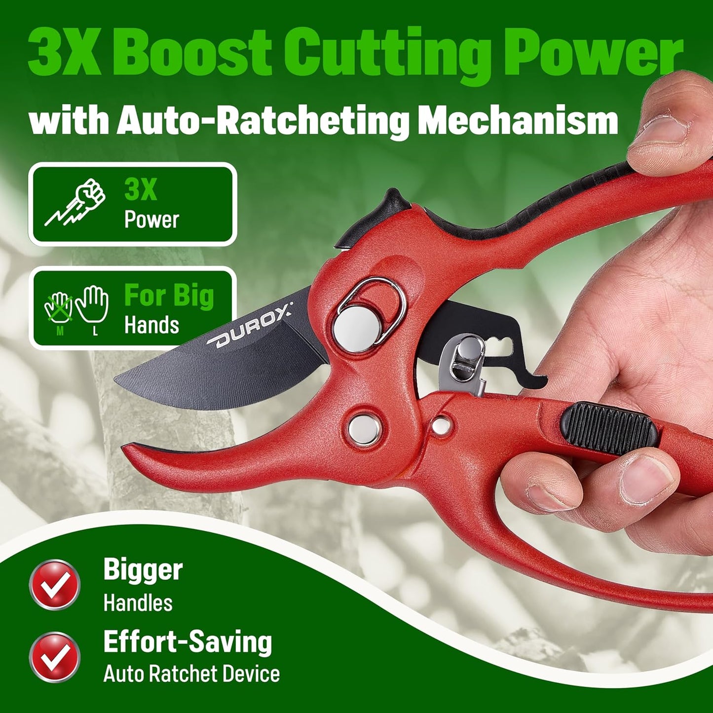 Ratchet Pruning Shears, Garden Shears with 3X Cutting Power. Effort-Saving Heavy-Duty Anvil Pruners. Replaceable Blade Cutting Blade Design. Ideal Secateurs for Precise Trimming, Model DGR-01