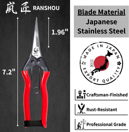 Japanese Garden Shears 7.2" for Plants - Trimming Scissors Precision Pruning Shears with Pointed Tips - Sharp Japanese Stainless Steel Blade & Spring Loaded Handle - Made in Japan