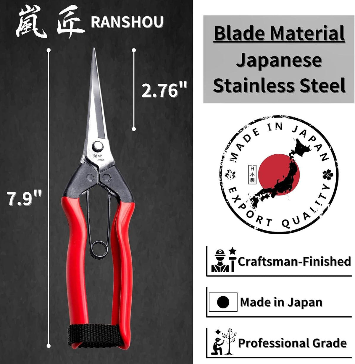 Japanese Garden Shears 7.2" for Plants - Trimming Scissors Precision Pruning Shears with Pointed Tips - Sharp Japanese Stainless Steel Blade & Spring Loaded Handle - Made in Japan