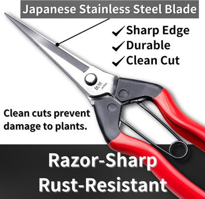 Japanese Garden Shears 7.2" for Plants - Trimming Scissors Precision Pruning Shears with Pointed Tips - Sharp Japanese Stainless Steel Blade & Spring Loaded Handle - Made in Japan
