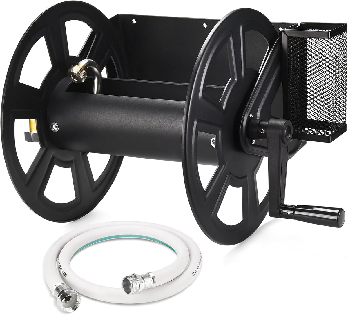 Garden Wall Mounted Hose Reel, Metal Hose Reel, Holds 125ft of 5/8-Inch Hose(Not equipped), Equipped with 3.9ft Water Supply Hose and Small Storage Basket, Suitable for Gardens & Yards