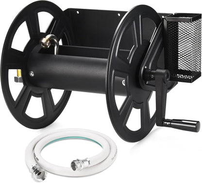 Garden Wall Mounted Hose Reel, Metal Hose Reel, Holds 125ft of 5/8-Inch Hose(Not equipped), Equipped with 3.9ft Water Supply Hose and Small Storage Basket, Suitable for Gardens & Yards
