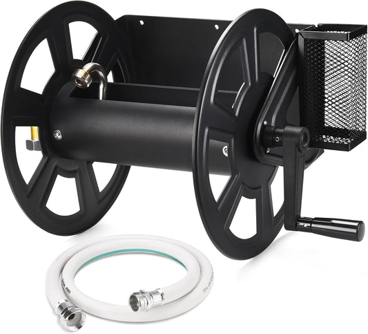 Garden Wall Mounted Hose Reel, Metal Hose Reel, Holds 125ft of 5/8-Inch Hose(Not equipped), Equipped with 3.9ft Water Supply Hose and Small Storage Basket, Suitable for Gardens & Yards
