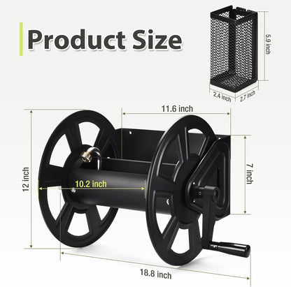 Garden Wall Mounted Hose Reel, Metal Hose Reel, Holds 125ft of 5/8-Inch Hose(Not equipped), Equipped with 3.9ft Water Supply Hose and Small Storage Basket, Suitable for Gardens & Yards
