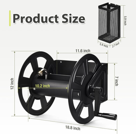 Garden Wall Mounted Hose Reel, Metal Hose Reel, Holds 125ft of 5/8-Inch Hose(Not equipped), Equipped with 3.9ft Water Supply Hose and Small Storage Basket, Suitable for Gardens & Yards
