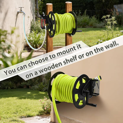 Garden Wall Mounted Hose Reel, Metal Hose Reel, Holds 125ft of 5/8-Inch Hose(Not equipped), Equipped with 3.9ft Water Supply Hose and Small Storage Basket, Suitable for Gardens & Yards