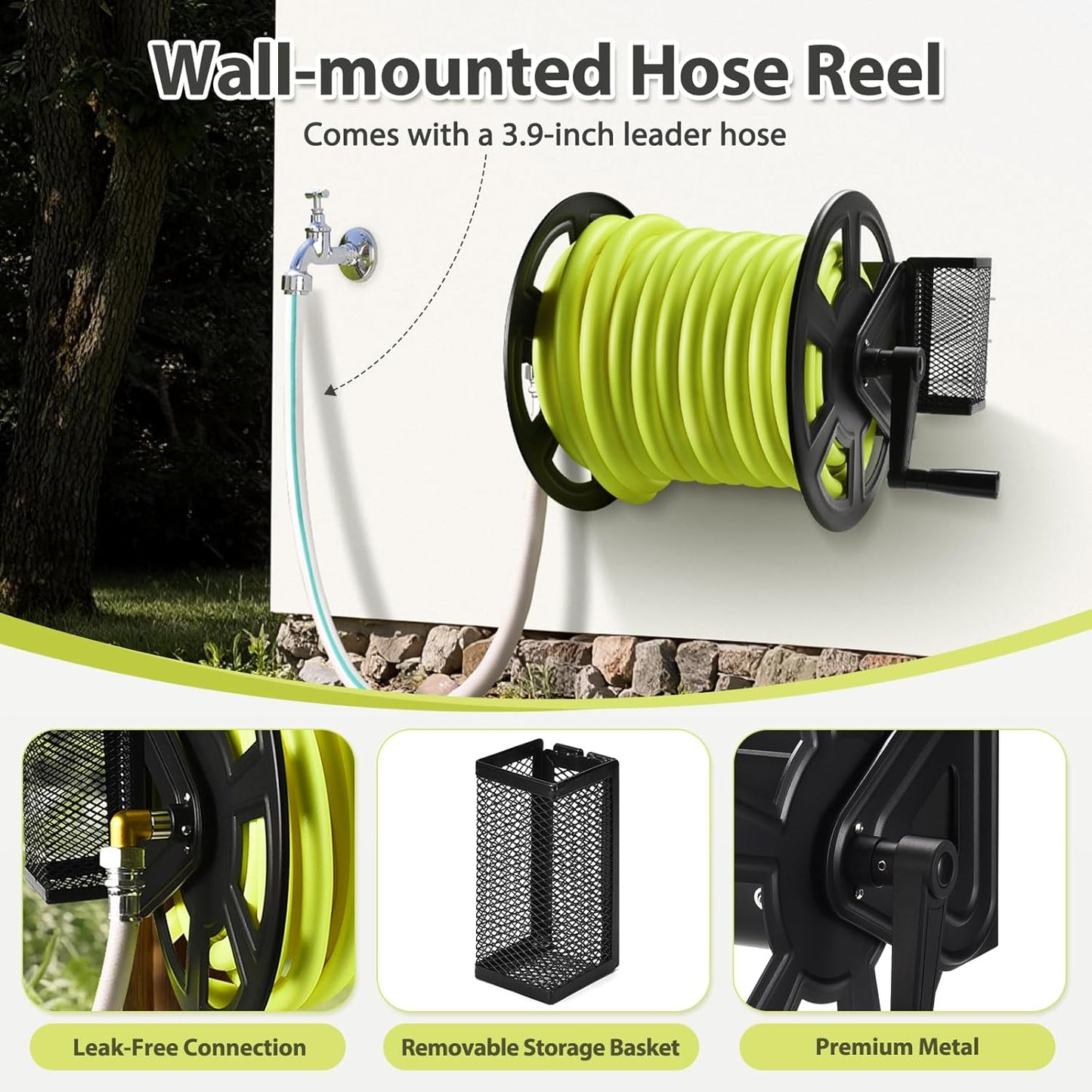 Garden Wall Mounted Hose Reel, Metal Hose Reel, Holds 125ft of 5/8-Inch Hose(Not equipped), Equipped with 3.9ft Water Supply Hose and Small Storage Basket, Suitable for Gardens & Yards
