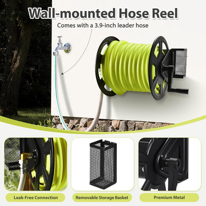 Garden Wall Mounted Hose Reel, Metal Hose Reel, Holds 125ft of 5/8-Inch Hose(Not equipped), Equipped with 3.9ft Water Supply Hose and Small Storage Basket, Suitable for Gardens & Yards