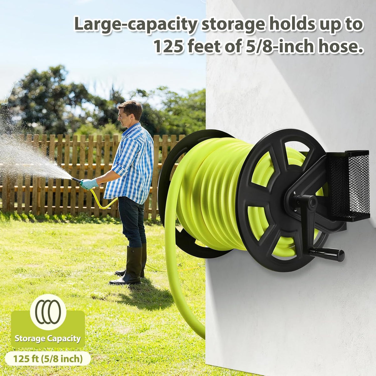 Garden Wall Mounted Hose Reel, Metal Hose Reel, Holds 125ft of 5/8-Inch Hose(Not equipped), Equipped with 3.9ft Water Supply Hose and Small Storage Basket, Suitable for Gardens & Yards