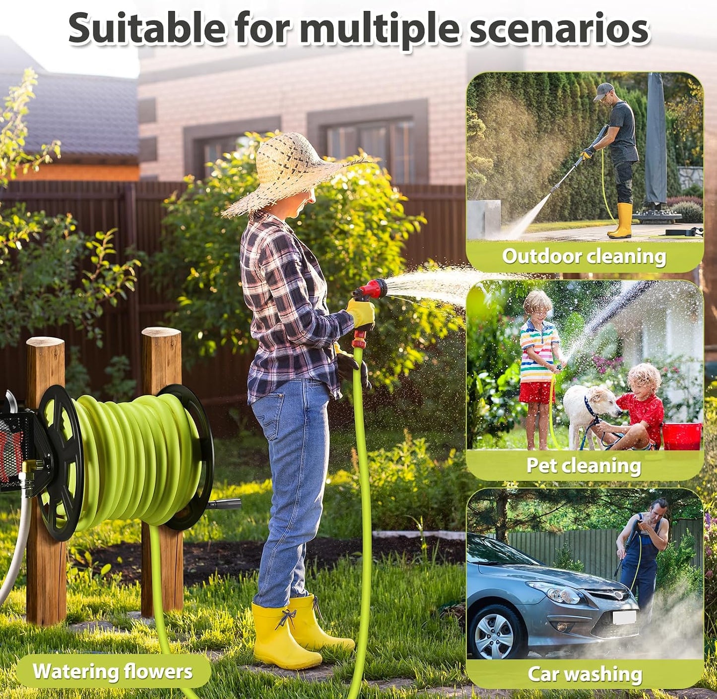 Garden Wall Mounted Hose Reel, Metal Hose Reel, Holds 125ft of 5/8-Inch Hose(Not equipped), Equipped with 3.9ft Water Supply Hose and Small Storage Basket, Suitable for Gardens & Yards