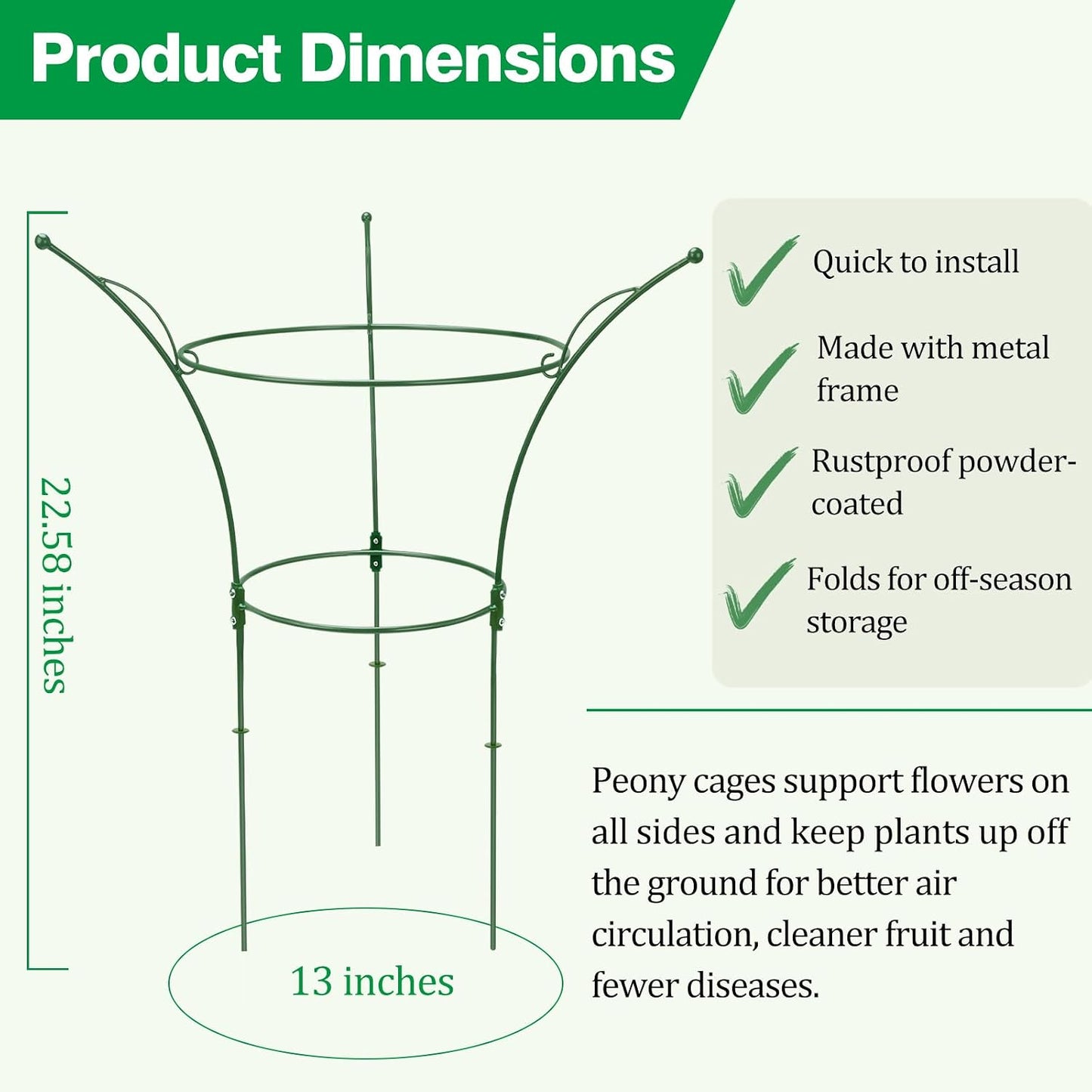 4 Pack Peony Cages and Supports Cages 13" D x 22.8" H Sturdy Metal Support Frame for Peonies & Roses Natural Bouquet Shape Garden Stakes for Outdoor Plants Flowers Ornamental (Green)