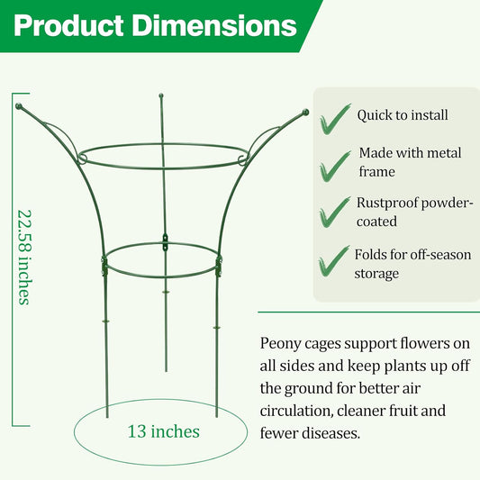 4 Pack Peony Cages and Supports Cages 13" D x 22.8" H Sturdy Metal Support Frame for Peonies & Roses Natural Bouquet Shape Garden Stakes for Outdoor Plants Flowers Ornamental (Green)