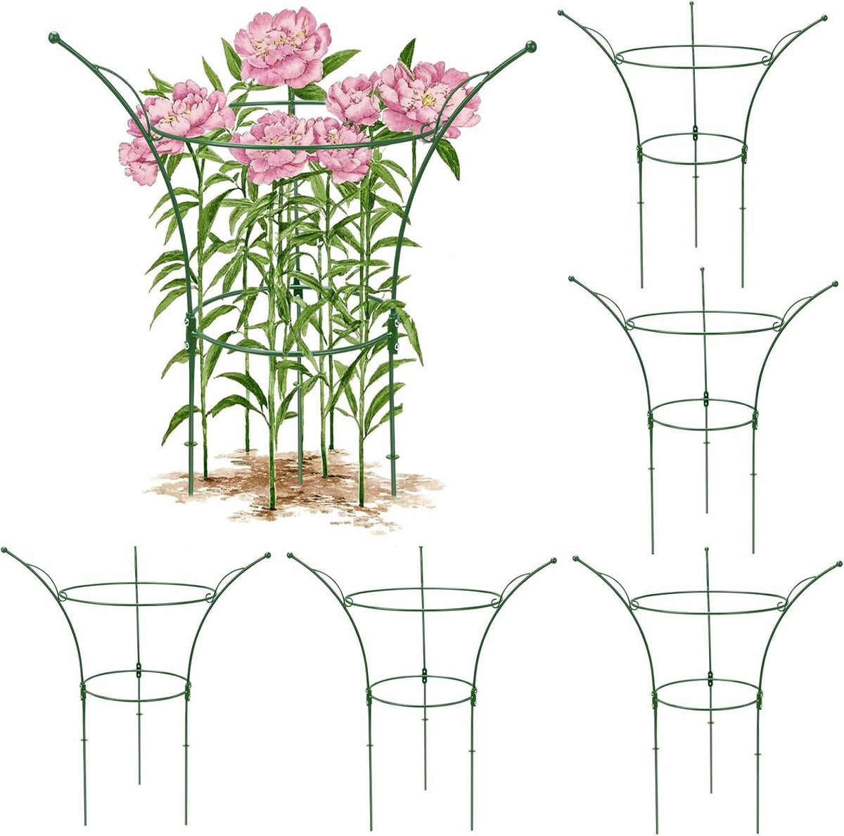 4 Pack Peony Cages and Supports Cages 13" D x 22.8" H Sturdy Metal Support Frame for Peonies & Roses Natural Bouquet Shape Garden Stakes for Outdoor Plants Flowers Ornamental (Green)