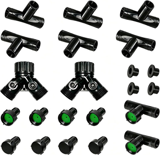 3/8" Soaker Hose Fittings Kit, Garden Hose Irrigation Connectors with Two-Way Valve Connectors, Tees, Feeders, Plugs, Male & Female Connectors, Drip System Parts for Garden Lawn