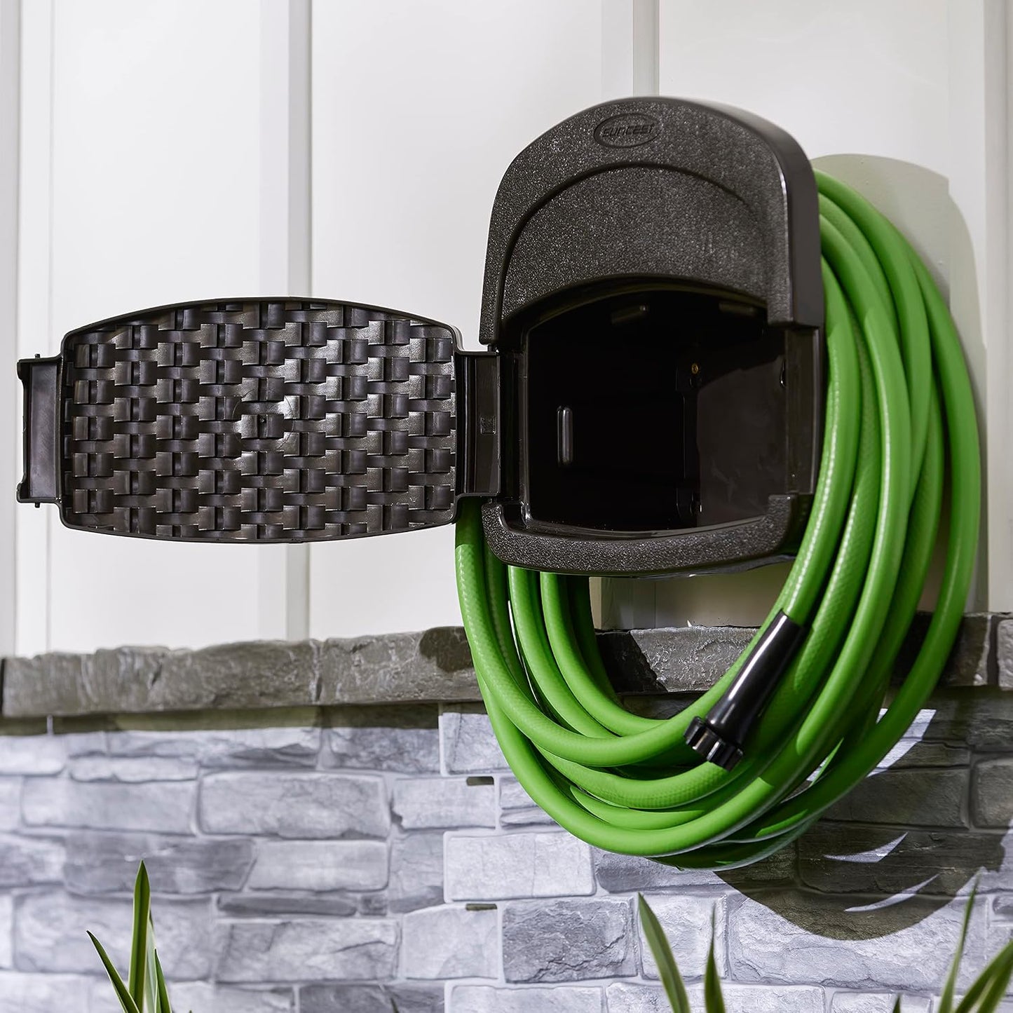 2 Pack Hangout 150 Foot Resin Wicker Mounted Garden Storage Hose Rack, Brown