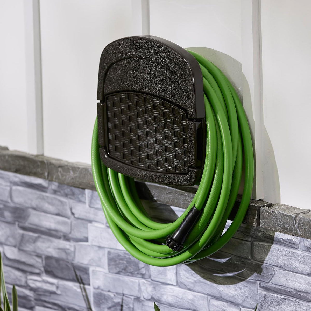 2 Pack Hangout 150 Foot Resin Wicker Mounted Garden Storage Hose Rack, Brown