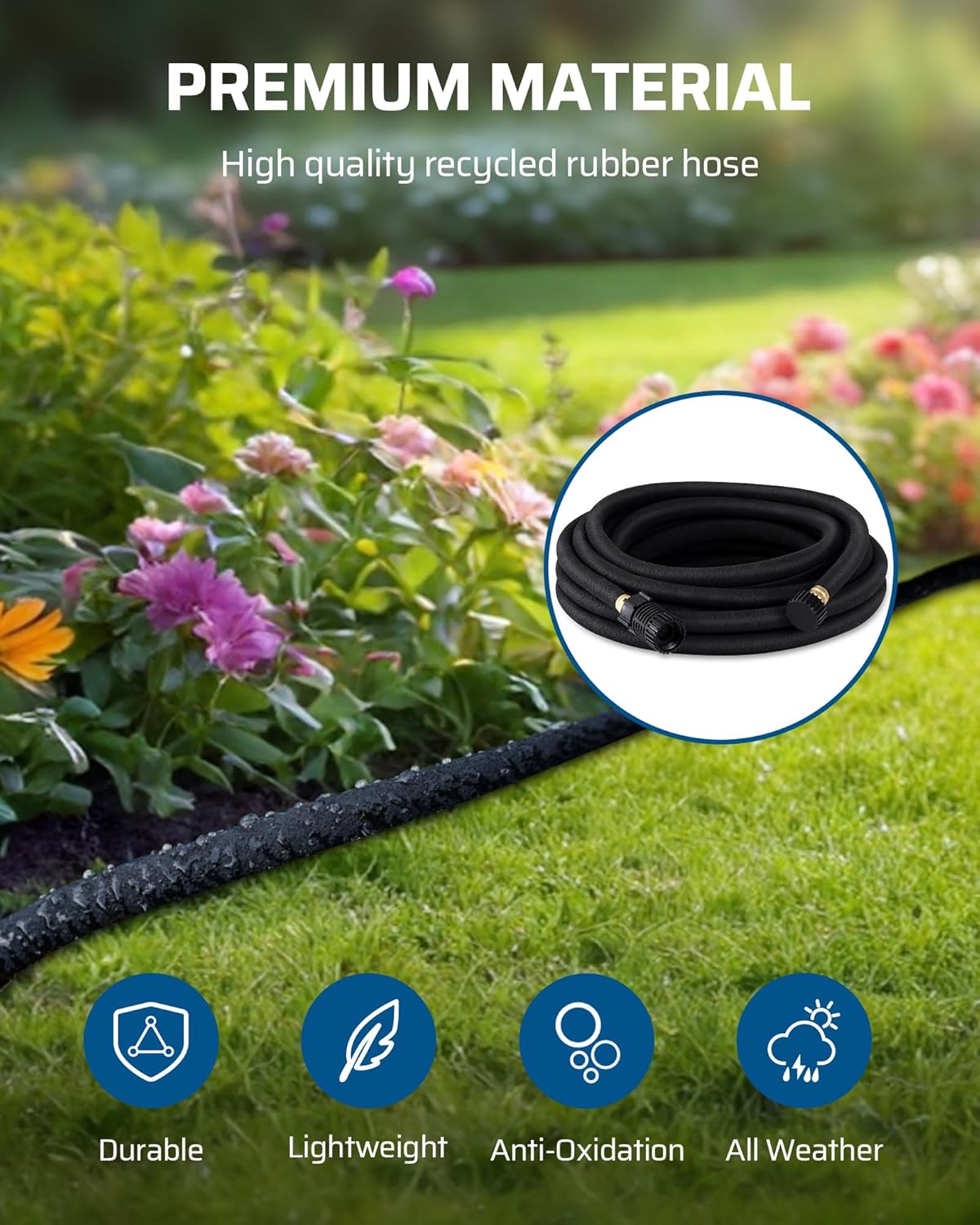 Soaker Hose 75FT for Garden Beds, 5/8 Inch Round Drip Hose with Pressure Regulator, Flexible Leakproof, Save 75% Water, Irrigation Hose for Vegetable, Fruit Beds, Shrubs, Lawn, Yard