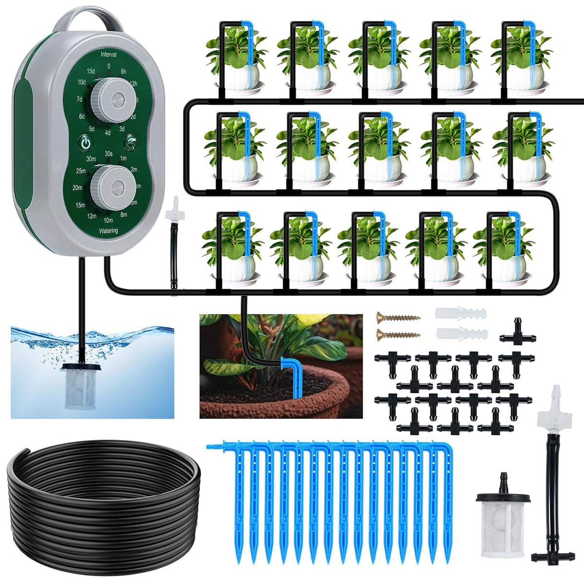 Automatic Plant Waterer Drip Irrigation System Kit for 15 Potted Plants, Indoor Self Watering System Plant Watering Devices with Programmable Water Timer for Garden Balcony Greenhouse Vacation