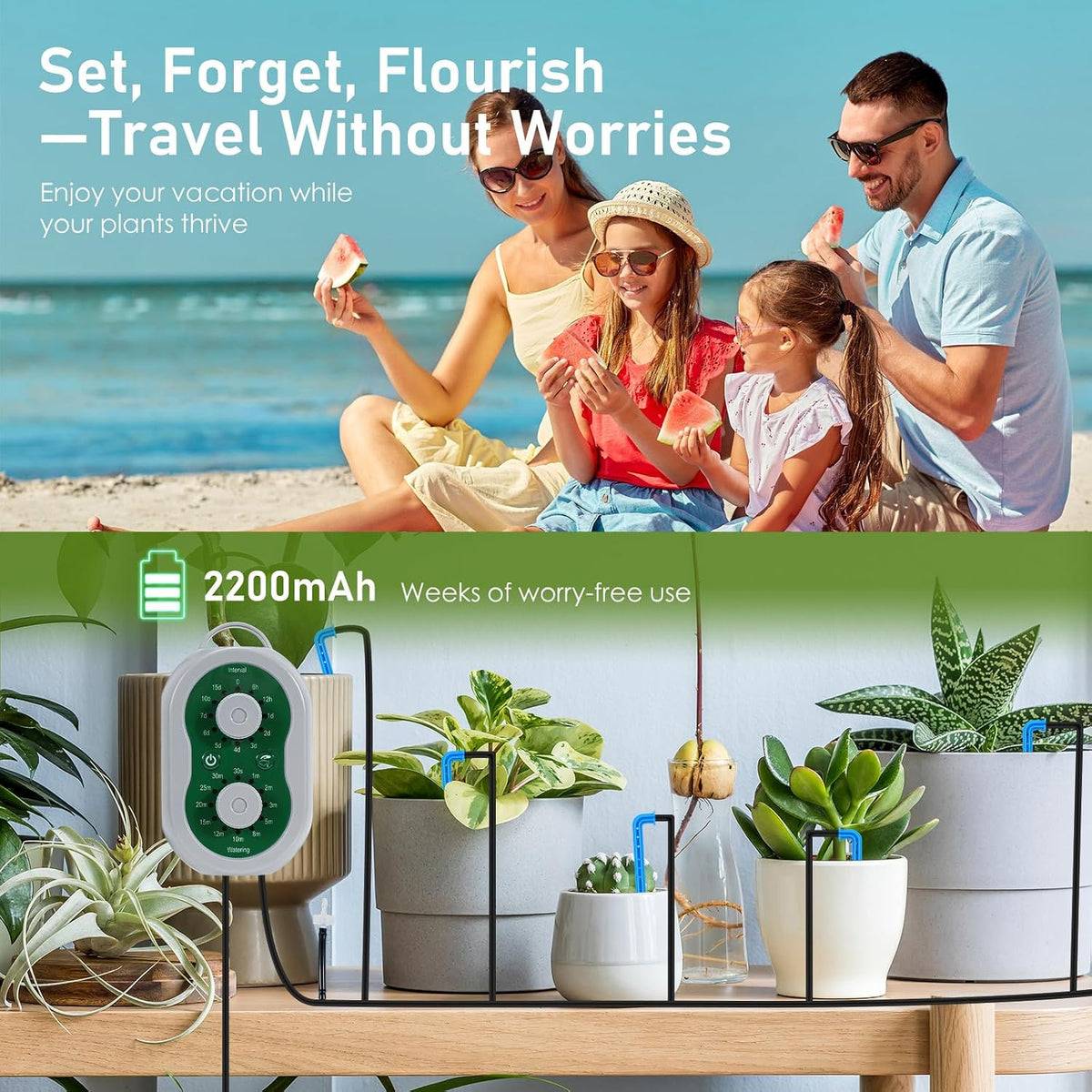 Automatic Plant Waterer Drip Irrigation System Kit for 15 Potted Plants, Indoor Self Watering System Plant Watering Devices with Programmable Water Timer for Garden Balcony Greenhouse Vacation